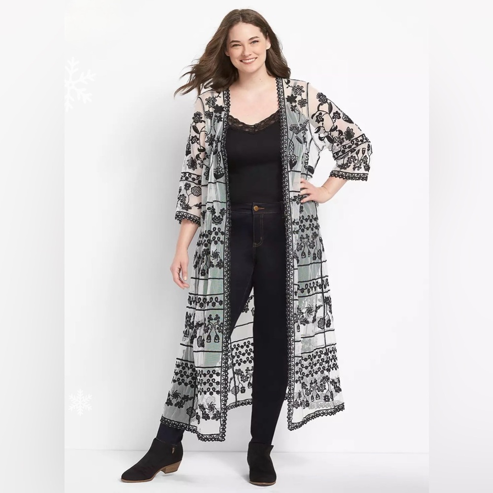 Lane Bryant Embroidered Duster Women’s 14/16 Ivory Black Lace Kimono Cardigan